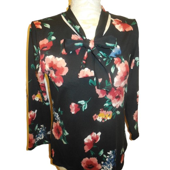 Vintage Blouse Top stretchy knit floral black-pink wear to work retro romantic - Picture 3 of 8